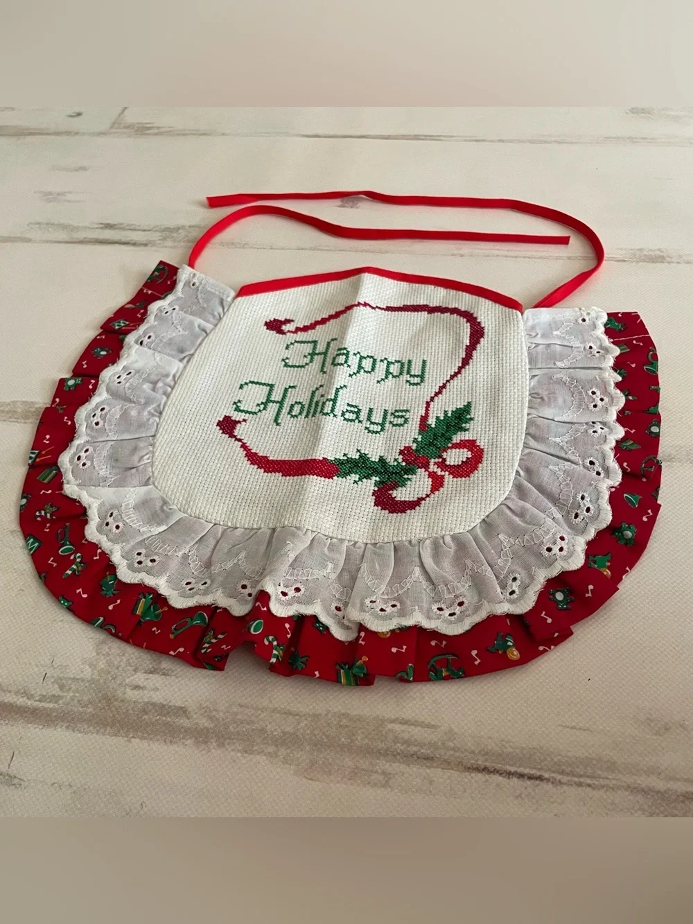 Vintage Cross Stitch Baby Bib Happy Holidays Red Green White Cottagecore Ruffle